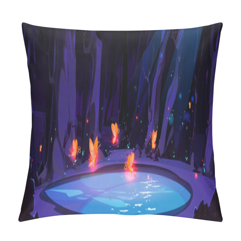 Personality  Fireflies On Swamp In Forest Cartoon Vector Illustration. Magic Glowing Butterflies Flying Under Water Lake Surrounded By Trees And Plants. Purple Fantasy Background With Luminescent Glowworm. Pillow Covers