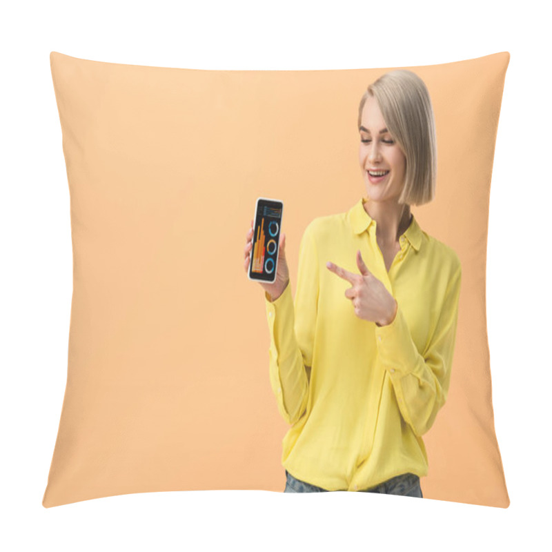 Personality  Smiling Blonde Woman Holding Smartphone With Infographic App On Screen Isolated On Orange Pillow Covers