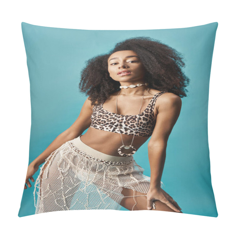 Personality  African American Woman In Leopard Outfit Striking A Pose On Blue Background. Pillow Covers