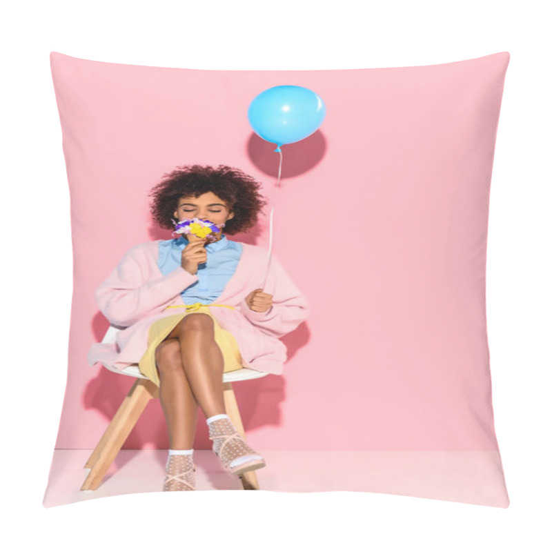 Personality  African American Woman With Flowers In Ice Cream Cone And Balloon In Hands On Pink Wall Backdrop Pillow Covers