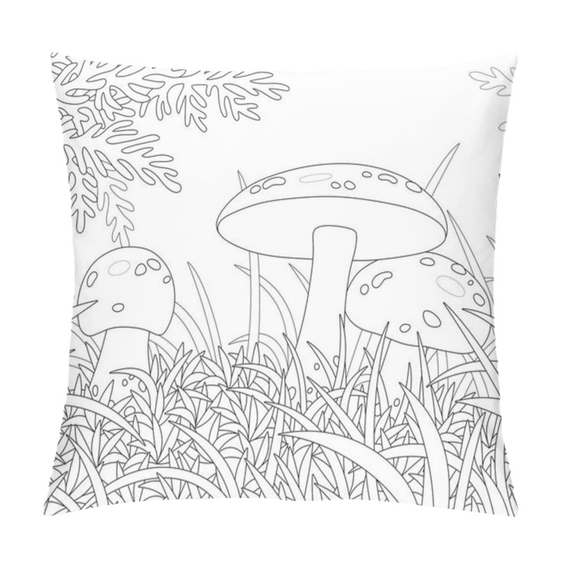 Personality  Three Edible Mushrooms With Big Caps Hiding In Thick Grass On A Pretty Forest Glade On A Warm Summer Day, Black And White Outline Vector Cartoon Illustration For A Coloring Book Page Pillow Covers