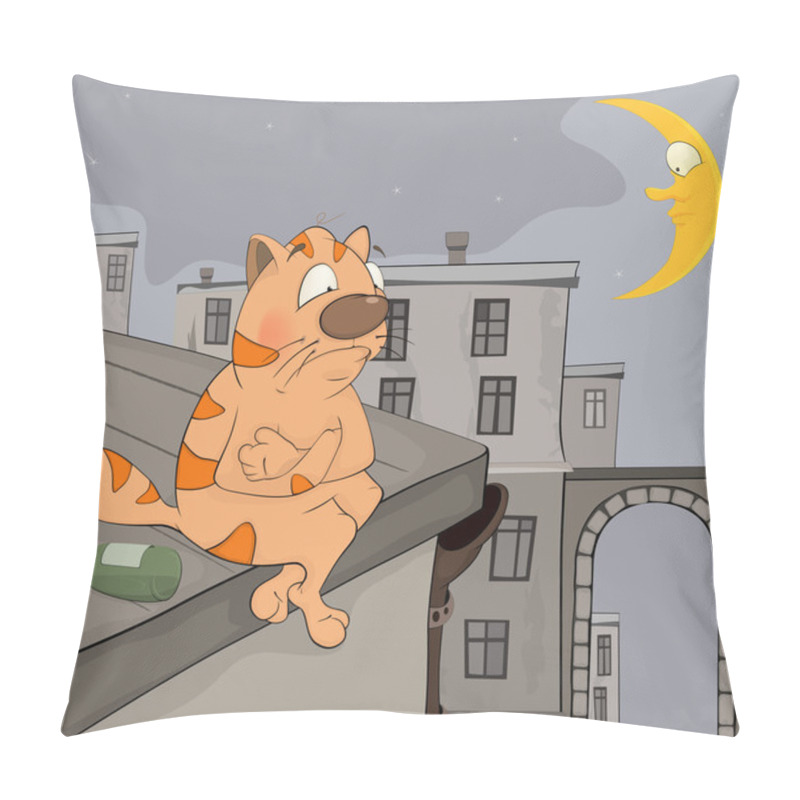 Personality  Cat On A Roof And Night City. Pillow Covers