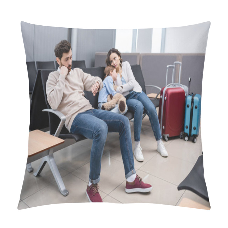 Personality  Bearded Man Looking At Watch Near Daughter And Bored Wife In Airport Lounge Pillow Covers