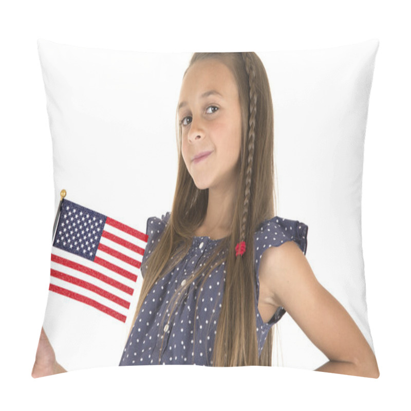 Personality  Cute Brunette Girl Holding An American Flag Smiling Pillow Covers