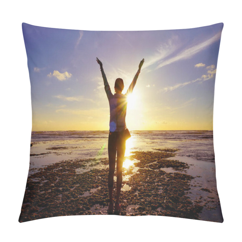 Personality  Young Healthy Woman Practicing Yoga On The Beach At Sunset. Strong Confidence Woman Under The Sunset At Seaside. Silhouette Of Young Woman Doing Yoga On The Beach. Pillow Covers