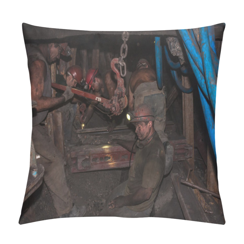 Personality  Donetsk, Ukraine - August, 16, 2013:Miners At Work In Cramped Conditions Underground Excavation Pillow Covers