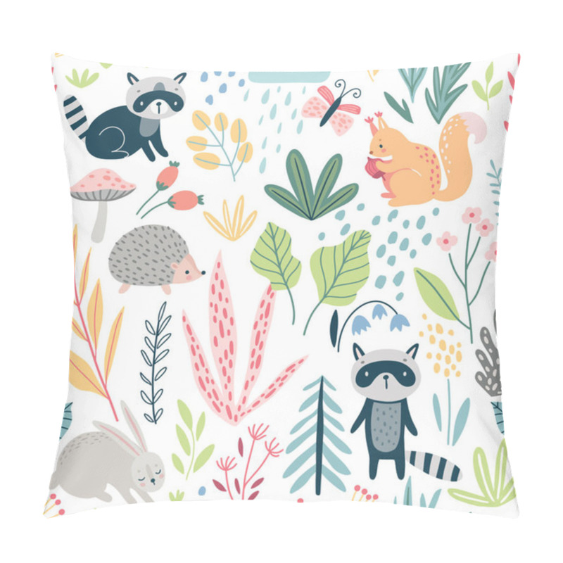 Personality  Seamless Forest Pattern With Wild Animals, Plants, Trees And Other Elements. Cute Hand Drawn Background. Vector Illustration. Pillow Covers