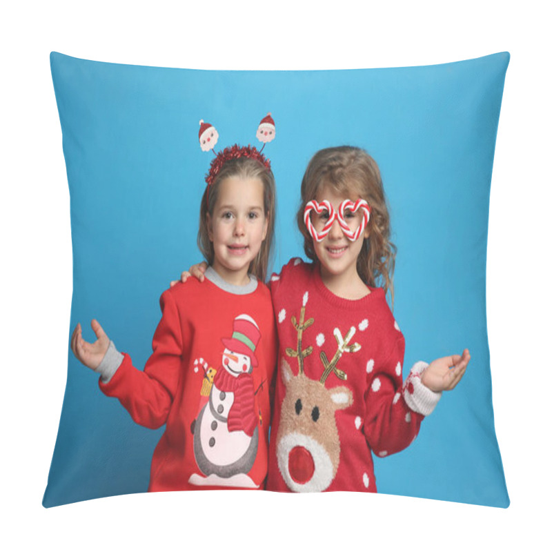 Personality  Kids In Christmas Sweaters And Festive Accessories On Blue Background Pillow Covers