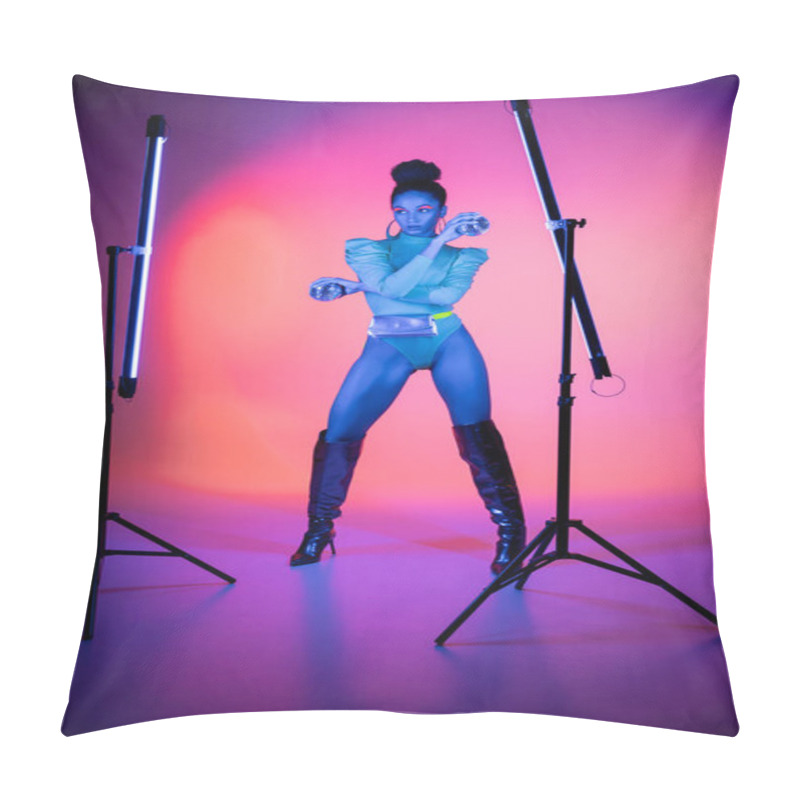 Personality  Fashionable African American Model Holding Disco Balls Near Neon Lamps On Purple Background Pillow Covers