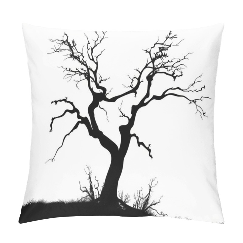 Personality  A Gnarled, Silhouetted Tree With Twisted Branches Against A Stark White Background. Pillow Covers