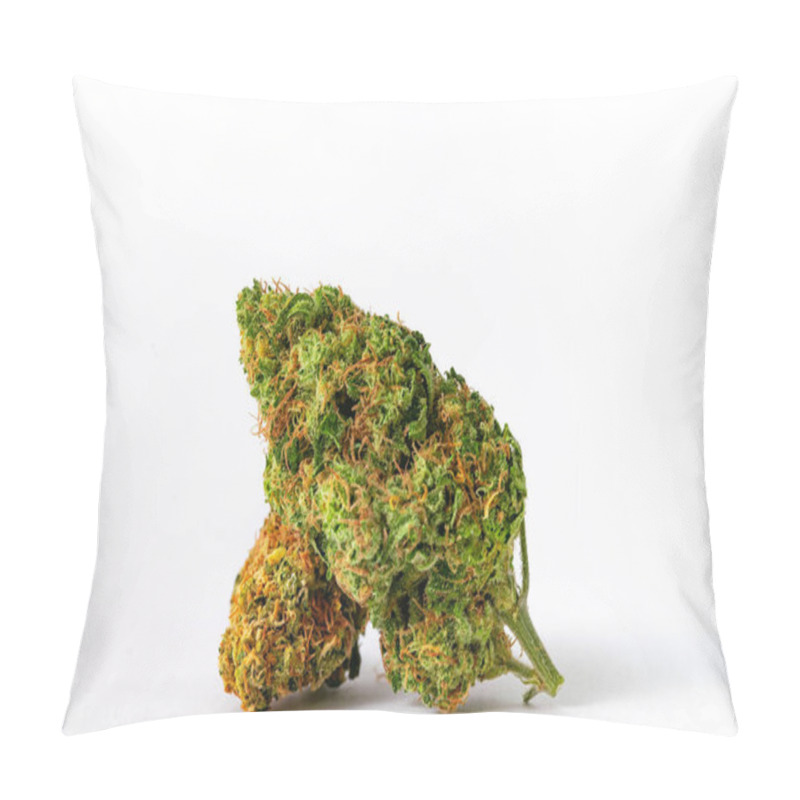 Personality  Close Up Prescription Medical Marijuana Flower. CBD Cannabis Bud Photography For Dispensary Menu. Medical Marijuana Strain. Weed Bud, Weed Flower On White Background. Pillow Covers