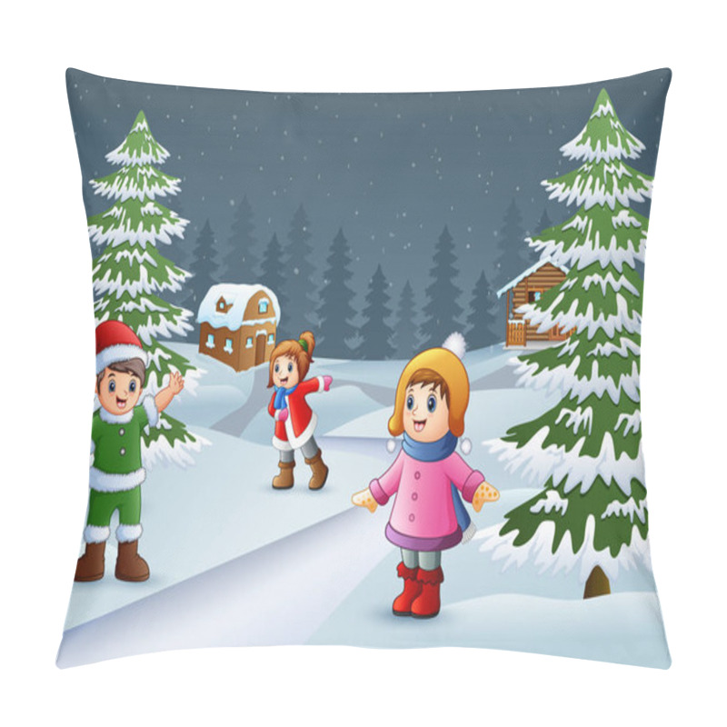 Personality  Happy Kids To Wear Winter Clothes And Play In A Village Environment Pillow Covers