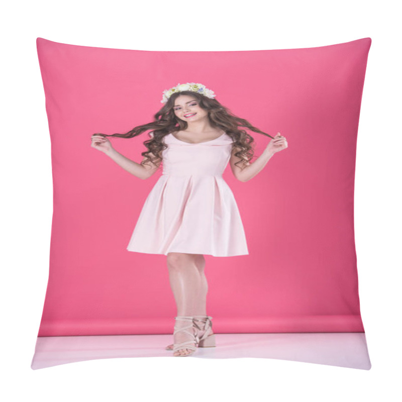 Personality  Beautiful Girl With Flowers Wreath On Head Touching Hair On Pink Pillow Covers