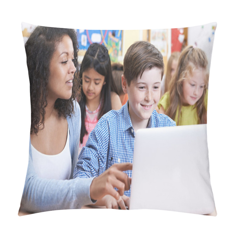 Personality  Teacher Helping Male Elementary Pupil In Computer Class Pillow Covers