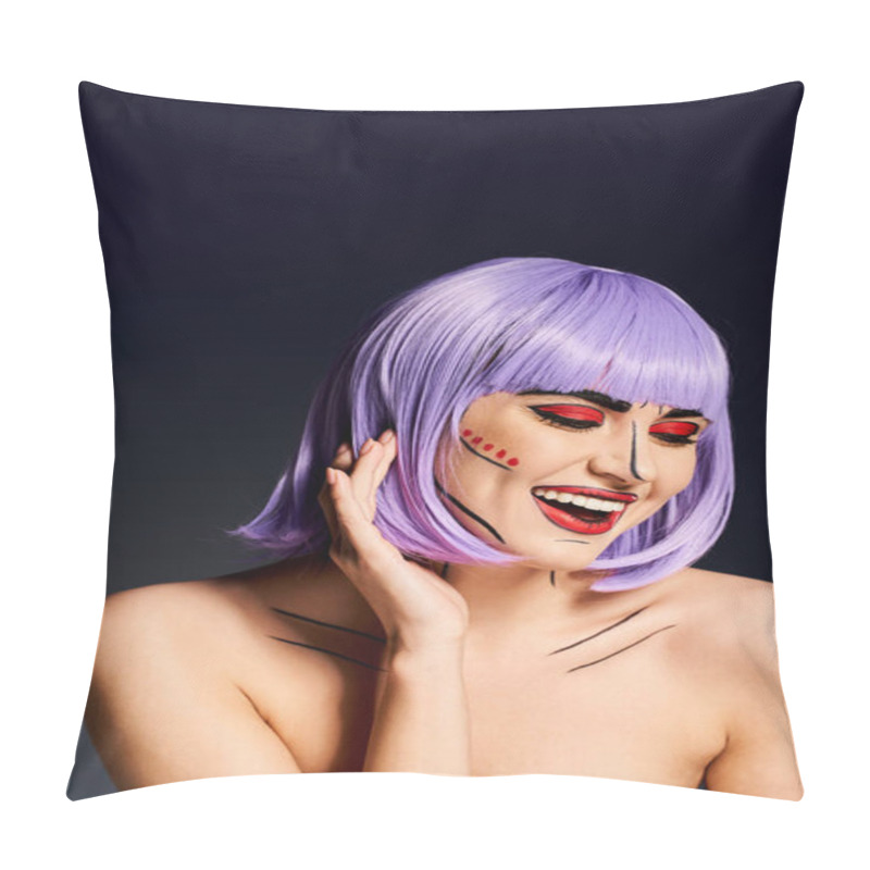 Personality  A Stunning Woman Donning A Purple Wig And Vibrant Pop Art Makeup, Embodies A Character Straight Out Of A Comic Book. Pillow Covers