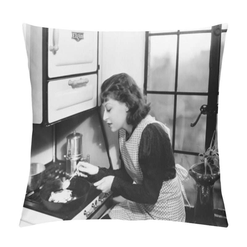 Personality  Woman In Her Kitchen Preparing Food On The Stove Pillow Covers