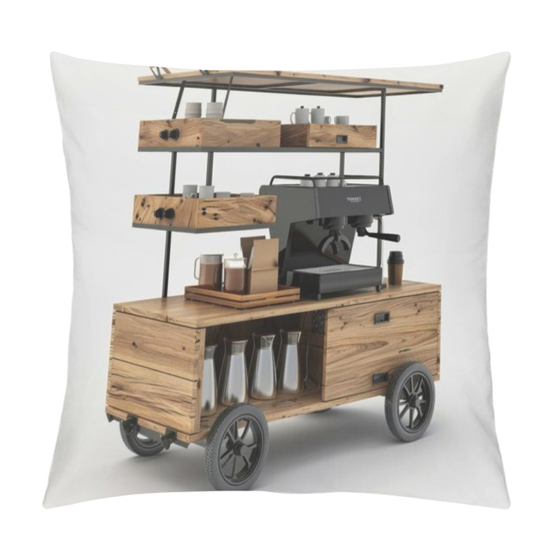 Personality  Stylish Wooden Coffee Cart Showcasing A Modern Espresso Machine And Various Coffee Supplies. Pillow Covers