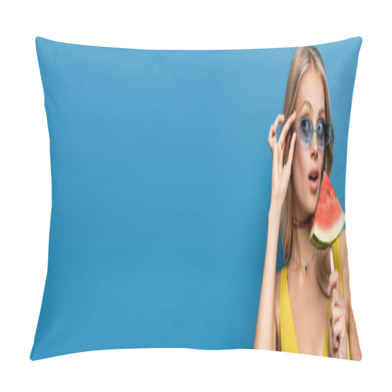 Personality  Young Woman Adjusting Sunglasses And Holding Popsicle Stick With Watermelon Isolated On Blue, Banner Pillow Covers