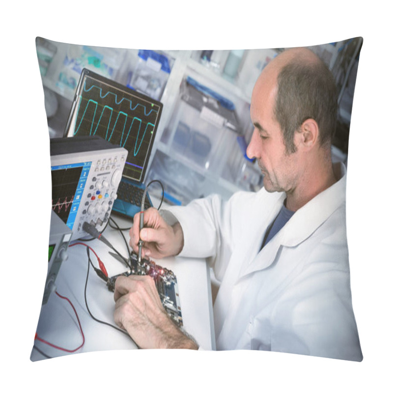 Personality  Senor Male Tech Fixes Motherboard In Computer Repair Shop Pillow Covers