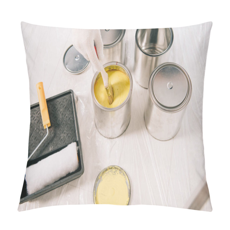 Personality  Cropped View Of Man Dipping Paintbrush Into Can With Yellow Paint Pillow Covers