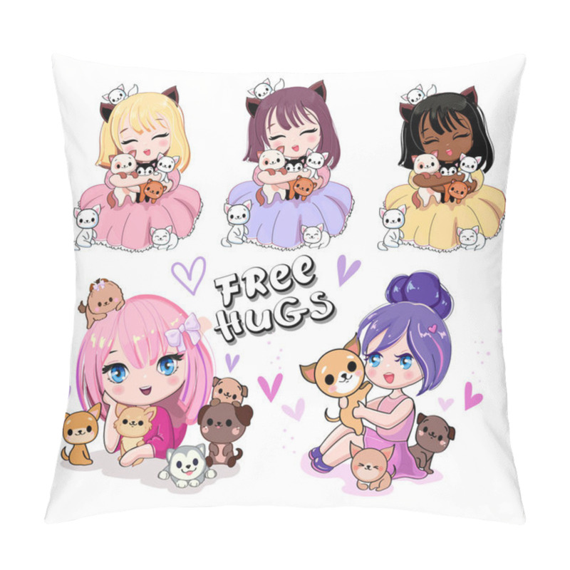 Personality  Cute Set With Cartoon Anime Girls With Little Kittens And Puppies. Vector Illustration Print For T-shirt Pillow Covers