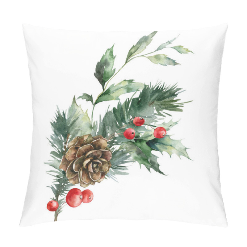 Personality  Watercolor Christmas Bouquet Of Pine Cone, Red Berries And Branches With Leaves. Hand Painted Holiday Composition Of Plants Isolated On White Background. Illustration For Design, Print, Background Pillow Covers