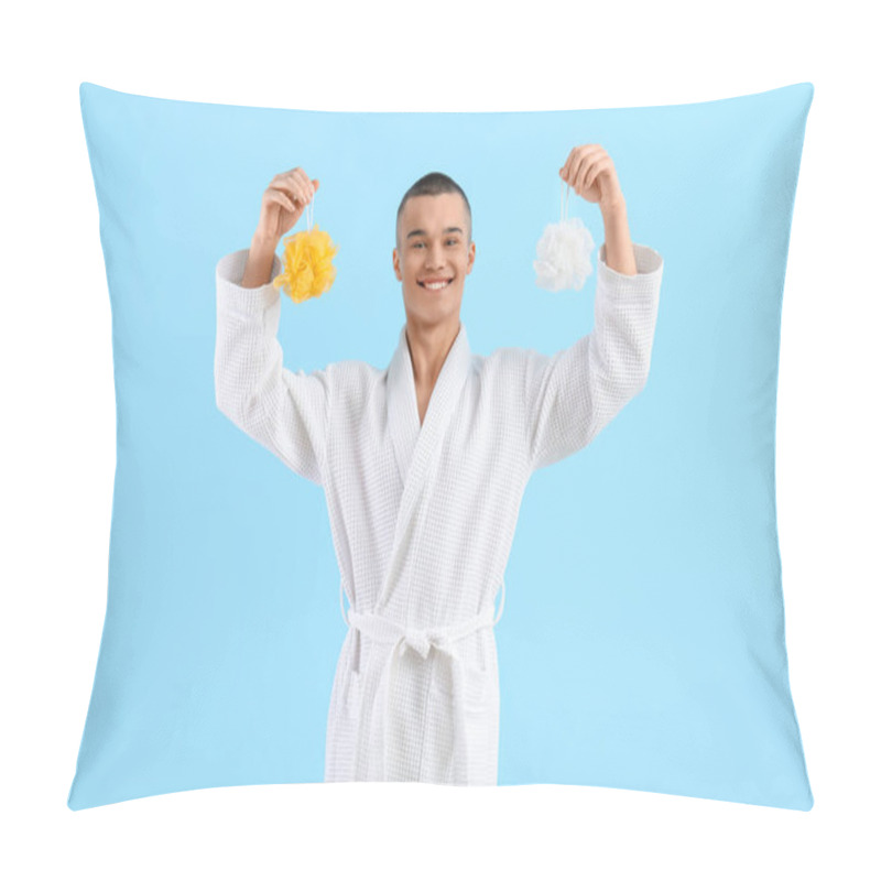 Personality  Teenage Boy In Bathrobe With Loofahs On Blue Background Pillow Covers