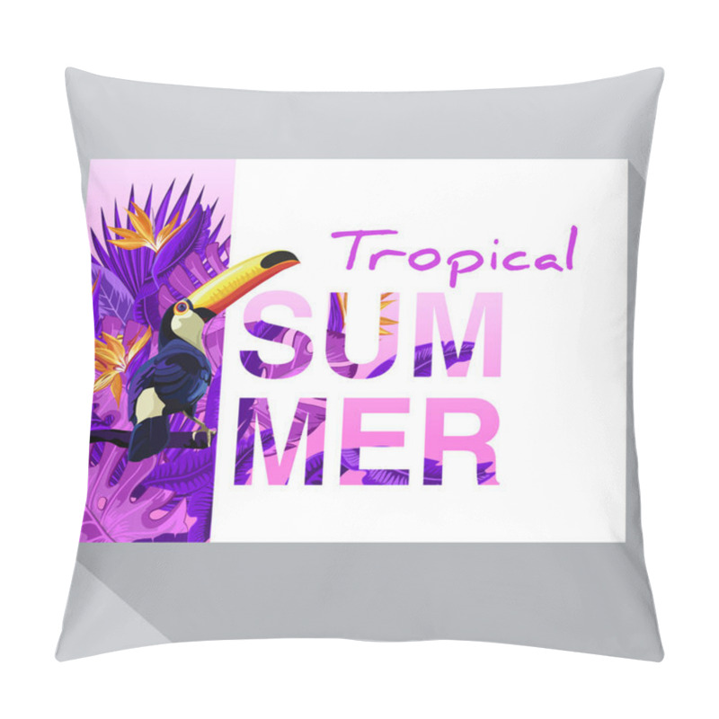 Personality  Summer Tropical Backgrounds With Tropical Palm Leaves, Plants And With Toucan.  Negative Space Trend.  Summer Placard,  Poster, Flyer, Banner Invitation Card.  Pillow Covers