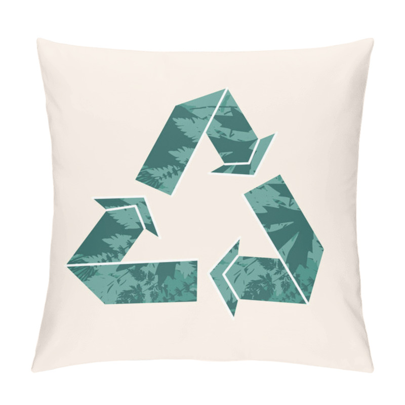 Personality  Recycle Symbol With Green Plant Leaf Trees Forest Texture. Eco-friendly Recycling Sign, Reuse Waste Cycle Concept. Environmental Zero Waste Nature Friendly Lifestyle. Icon Flat Vector Illustration Pillow Covers