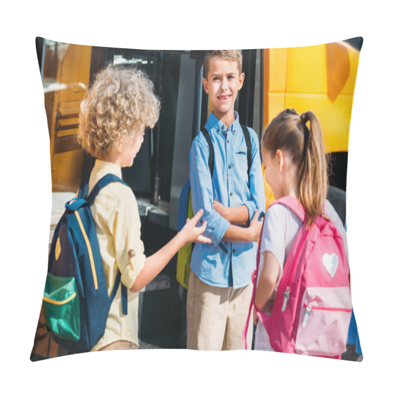 Personality  Adorable Pupils Chatting Near School Bus Pillow Covers