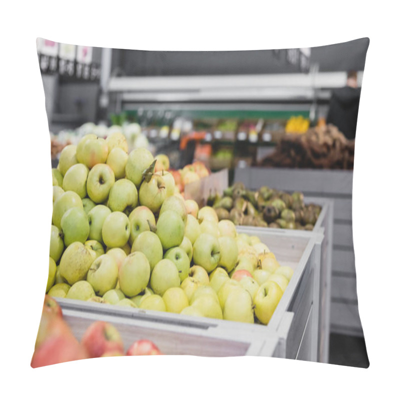 Personality  Fresh Apples Near Groceries On Blurred Background In Supermarket  Pillow Covers