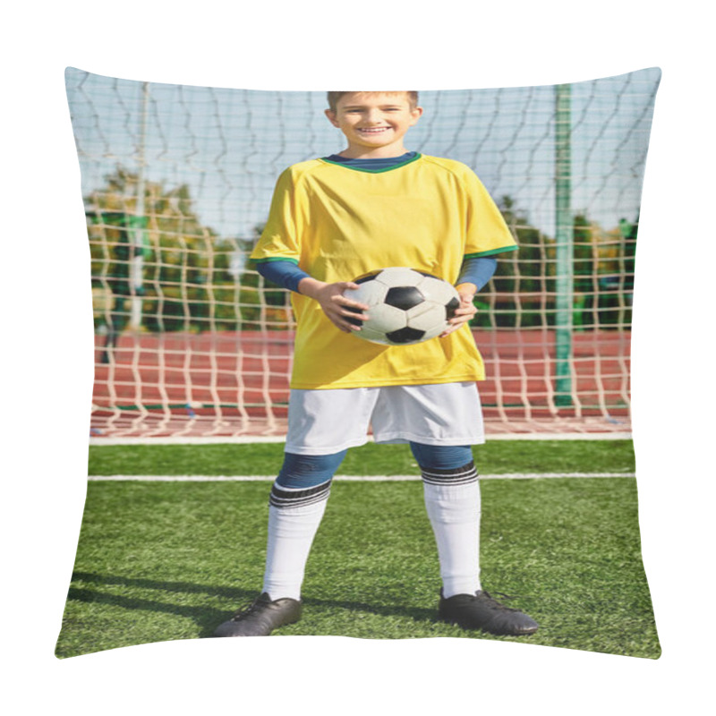 Personality  A Vibrant Scene Of A Young Boy Standing On A Lush Green Soccer Field, Holding A Soccer Ball. His Eyes Gleam With Excitement As He Prepares To Kick The Ball, Exuding Passion For The Sport. Pillow Covers