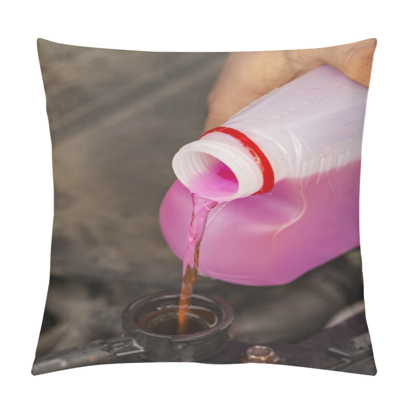 Personality  Service Of Cars. Pouring Antifreeze Into The Engine. Pillow Covers