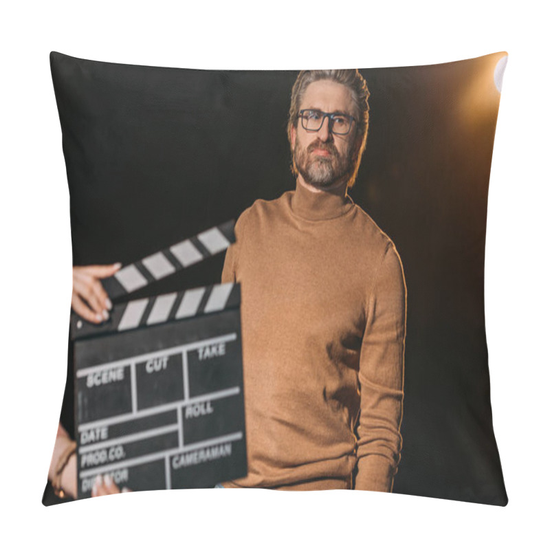 Personality  Selective Focus Of Mature Actor With Clapboard In Front  Pillow Covers