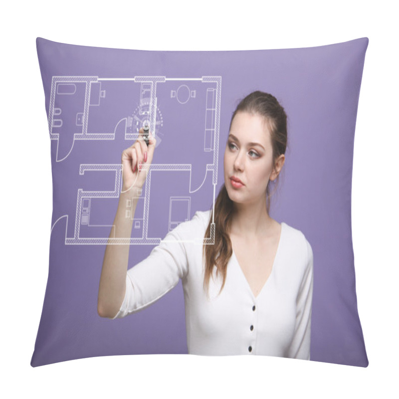 Personality  Female Architect Working With A Virtual Apartment Plan Pillow Covers