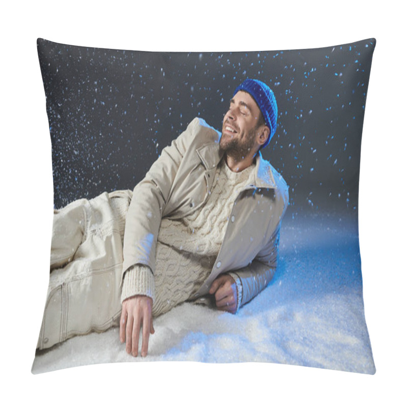 Personality  A Charming Young Man Relaxes In Fresh Snow, Smiling Joyfully Amidst Falling Snowflakes. Pillow Covers