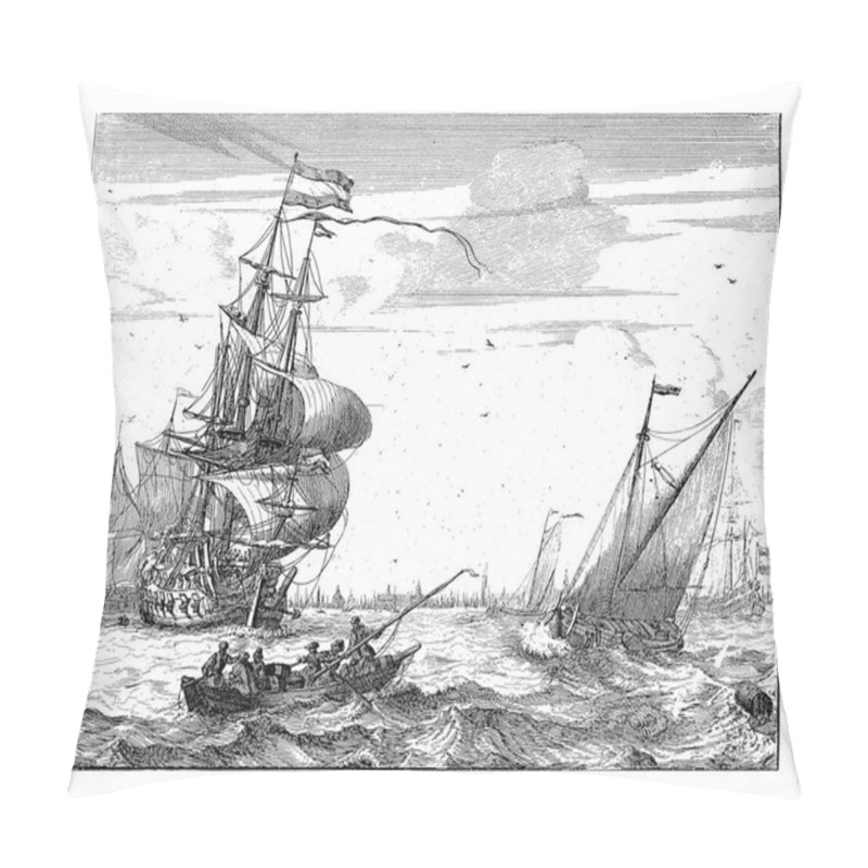 Personality  View Of The IJ With Rowing Boat, Frederik Ottens, After Ludolf Bakhuysen, 1717 - 1770 View Of The IJ In Amsterdam. Pillow Covers