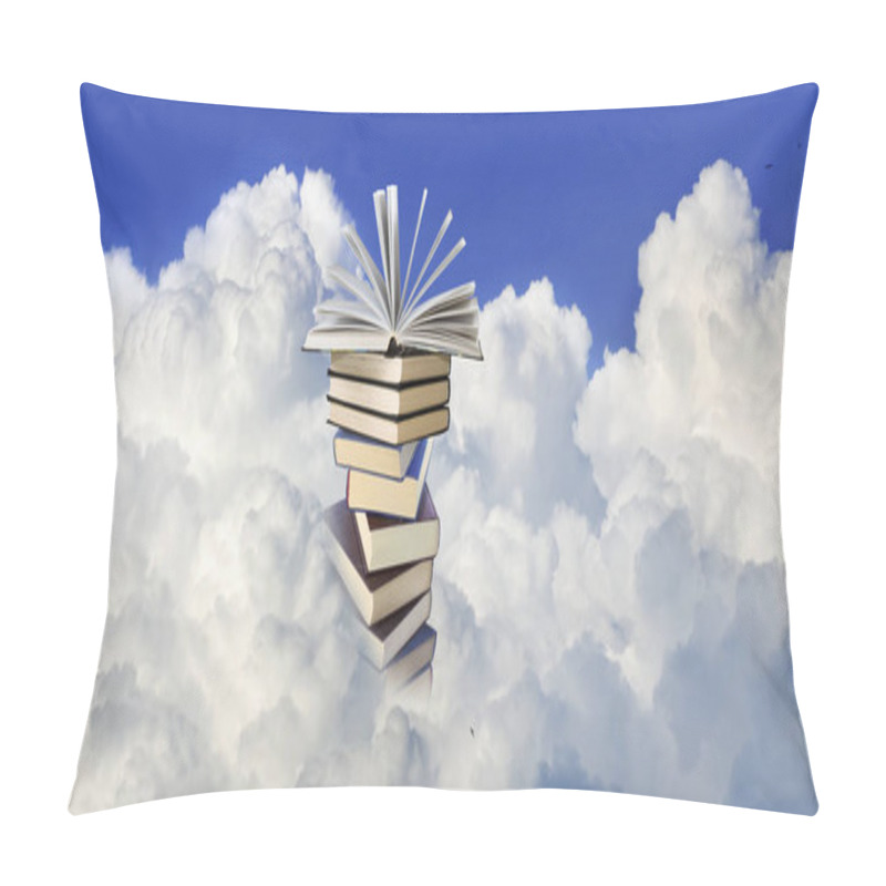 Personality  Image Of A Stack Of Books With An Open Book Lying On Top Of The Stack Against A Background Of White Clouds Pillow Covers