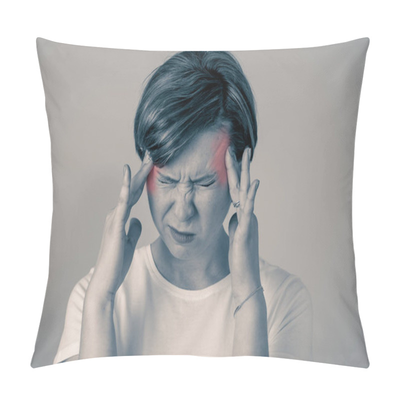 Personality  Close Up Portrait Of Beautiful Young Caucasian Woman In Pain With Headache Suffering Migraines Hands On Red Temples Eyes Closed In Facial Expressions Emotions And Health Concept Black And White Image. Pillow Covers