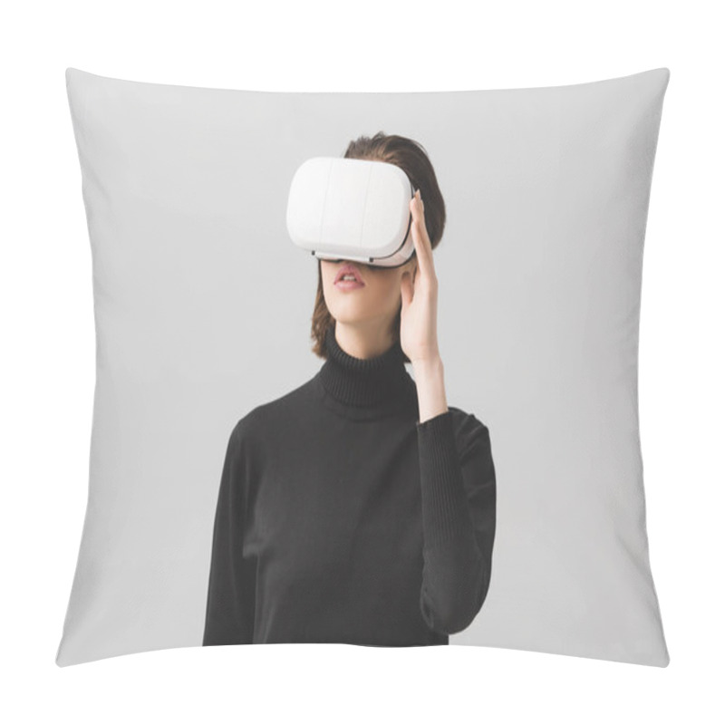 Personality  Brunette Young Woman Touching Virtual Reality Headset Isolated On Grey   Pillow Covers