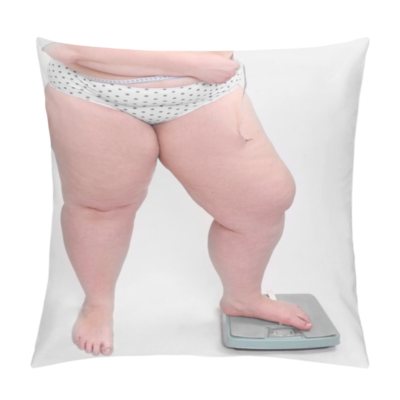 Personality  Happy Overweight Woman Measure Her Waist Belly By Metre-stick On A Weighing Machine. Pillow Covers