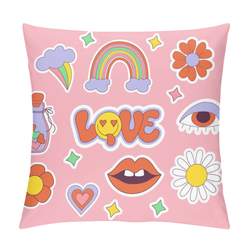 Personality  Set Of Love Stickers Retro Groovy Elements, Cute Funky Hippy. Cute Lettering Love In Groovy Style With In Smiley Face, Daisy Flowers, Rainbow And Lips. Vector Clipart 60s, 70s, 80s, 90s Vibes Elements Pillow Covers