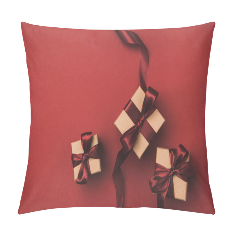 Personality  Flat Lay With Arrangement Of Gifts Decorated With Ribbons Isolated On Red Pillow Covers