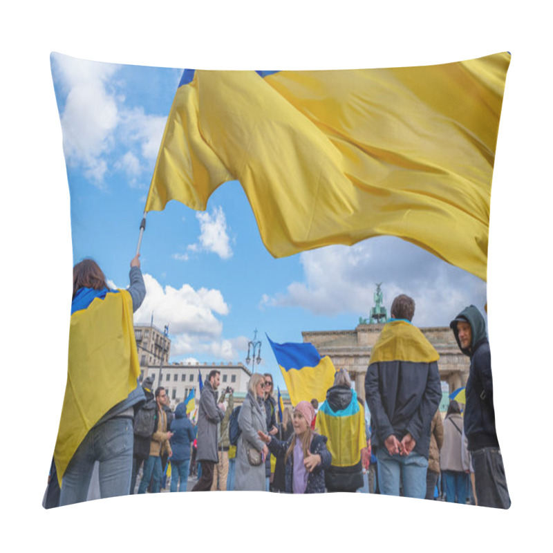 Personality  Berlin, Germany - February 24, 2024: Anti War Demonstration Against Russian Invasion Of Ukraine In Front Of Brandenburg Gate In Berlin.  Pillow Covers