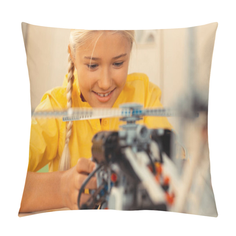 Personality  Cheerful Schoolgirl Turning On A Helicopter Model. Pillow Covers