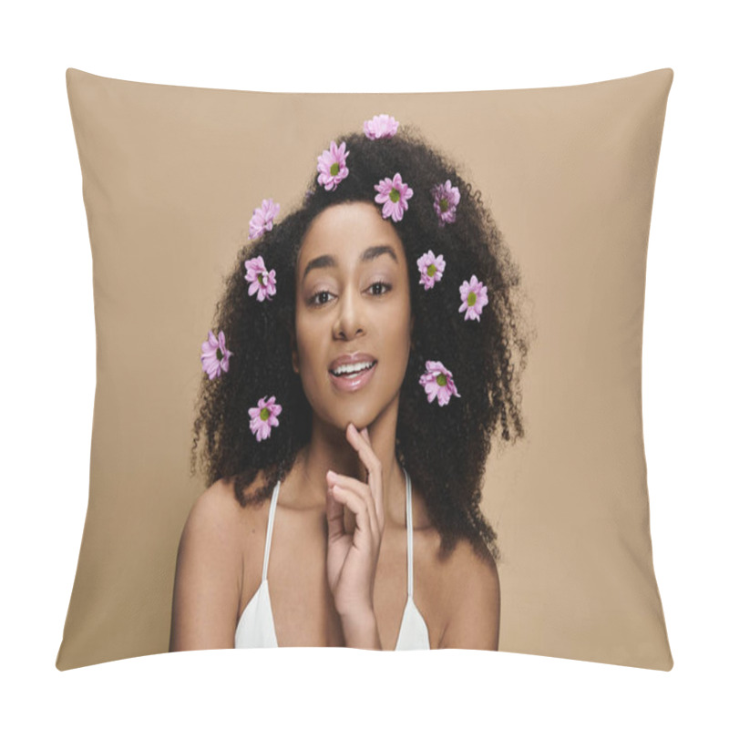 Personality  A Beautiful African American Woman With Natural Makeup And Flowers In Her Hair, Posing Against A Beige Background. Pillow Covers