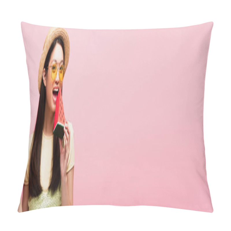 Personality  Horizontal Image Of Happy Asian Woman With Open Mouth Holding Sliced Paper Watermelon Isolated On Pink  Pillow Covers