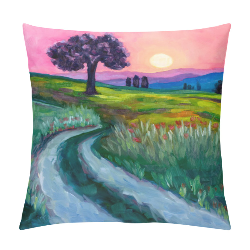 Personality  Contemporary Expressionism Oil Painting Depicting A Country Side Landscape At Sunset. Pillow Covers