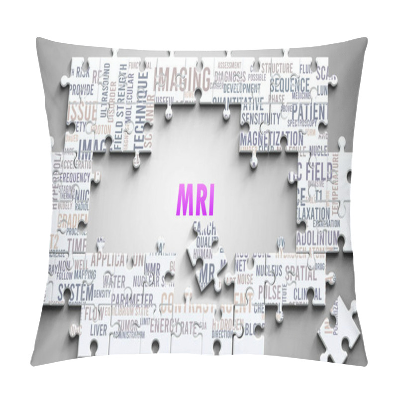 Personality  Mri As A Complex Subject, Related To Important Topics. Pictured As A Puzzle And A Word Cloud Made Of Most Important Ideas And Phrases Related To Mri. Pillow Covers