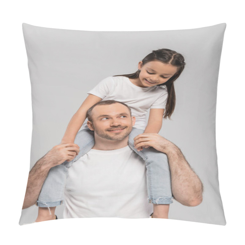 Personality  Happy Preteen Daughter With Long Brunette Hair Sitting On Shoulders Of Unshaved And Cheerful Father With Bristle On Grey Background, Child Protection Day, Father And Daughter  Pillow Covers